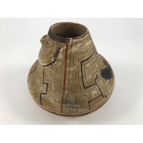 1735 - A SHIPIBO PERUVIAN POTTERY BOWL WITH GEOMETRIC AND MASK DESIGNS APPROX 20 cm DIAMETER 12 cm HIGH