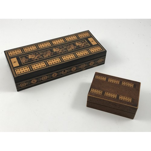 1816 - GAMES BOX WITH TUNBRIDGE WARE DECORATED CRIBBAGE BOARD TOP AND A FOLDING CRIBBAGE BOARD