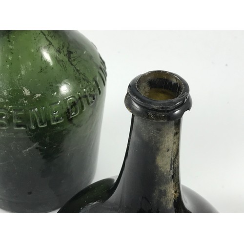 1800 - 2 LATE 18TH/EARLY 19TH CENTURY GLASS BOTTLES APPROX. 20cms TOGETHER WITH 1 OTHER LATER BENEDICTINE B... 