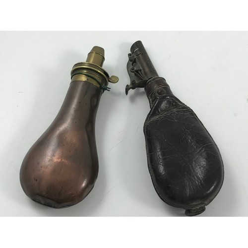 1703 - FRITH PATENT BRASS POWDER FLASK AND A LEATHER DITTO