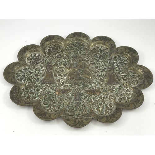 1775 - INDIAN BRASS TRAY OF LOBED FORM WITH HEAVILY EMBOSSED DECORATION