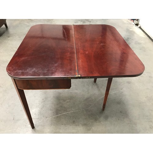 208 - D SHAPED INLAID MAHOGANY TEA TABLE WITH SQUARE TAPERED LEGS, FOLD OVER TOP