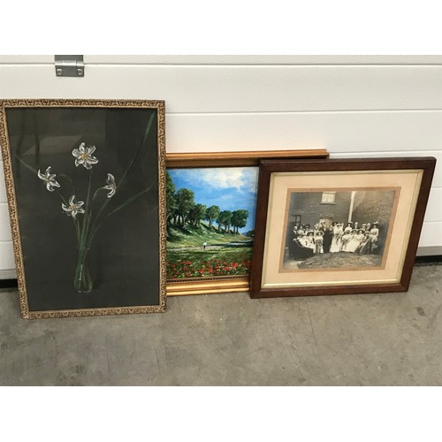 604 - QUANTITY MISC. PICTURES AND PRINTS INCLUDING WATERCOLOURS, OILS, KATE WOOD PASTEL NARCISSUS, OLD PHO... 