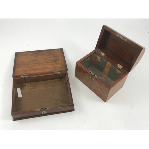 904 - OAK BOX WITH SHIELD SHAPED MOUNT TOGETHER WITH A WALNUT DOMED TOPPED BOX