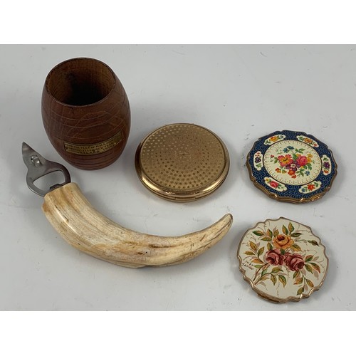 705 - MISC. ITEMS INCLUDING SMALL BARREL MADE FROM THE TEAK OF HMS IRON DUKE, A BOARS TUSK BOTTLE OPENER A... 