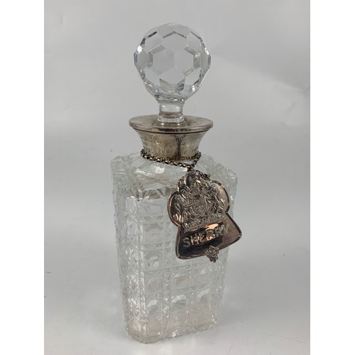 1860 - GOOD QUALITY CUT GLASS SQUARE DECANTER WITH SILVER COLLAR AND SILVER SHERRY LABEL LIMITED EDITION QU... 