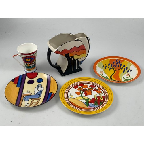 1750 - A LORNA BAILEY JUG TOGETHER WITH 3 CLARICE CLIFF DESIGN WALL PLATES AND REPRO CUP