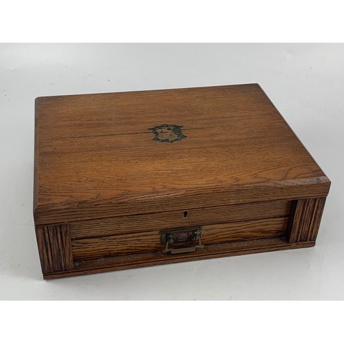 925 - CANDLE BOX,  BRASS BOUND WALNUT VENEER CANTEEN, NO CONTENTS AND AN OAK CANTEEN