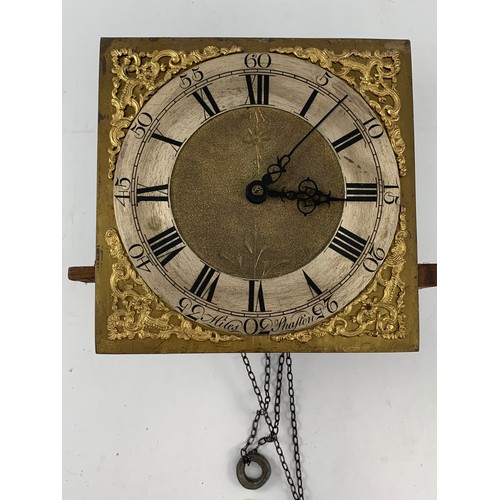 138 - MYLES SHAFTON OAK MAHOGANY LONG CASE CLOCK, BRASS DIAL AND SPANDRELS WITH SILVERED CHAPTER RING AND ... 