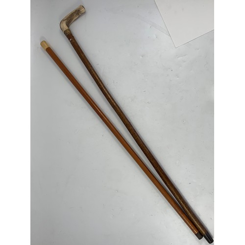 1831 - BRIGG MALACCA WALKING STICK WITH 18CT GOLD TOP AND ONE OTHER WITH HORN HANDLE AND ENGRAVED YELLOW ME... 