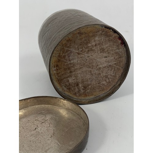 1845 - INDIAN WHITE METAL CYLINDRICAL BOX AND COVER WITH ENGRAVED DECORATION