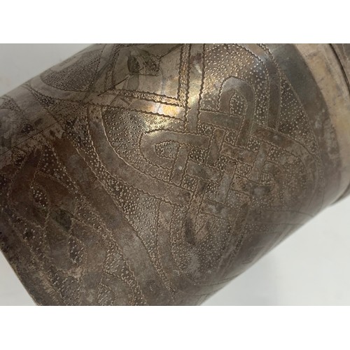 1845 - INDIAN WHITE METAL CYLINDRICAL BOX AND COVER WITH ENGRAVED DECORATION