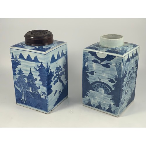 1765 - PAIR OF LARGE RECTANGULAR CHINESE BLUE AND WHITE TEA JARS ONE WITH PIERCED HARDWOOD COVER, each appr... 