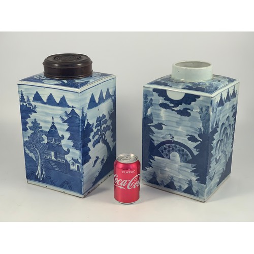 1765 - PAIR OF LARGE RECTANGULAR CHINESE BLUE AND WHITE TEA JARS ONE WITH PIERCED HARDWOOD COVER, each appr... 