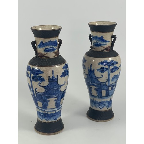 1767 - PAIR OF 19TH CENTURY CHINESE GUANGXU CRACKLE GLAZED VASES, BLUE AND WHITE DECORATION BANDED IN RELIE... 