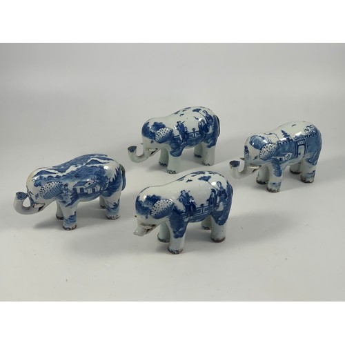 1769 - 4 ORIENTAL BLUE AND WHITE ELEPHANT FIGURES POSSIBLY 18TH OR EARLY 19TH CENTURY SOME AF, each approx.... 