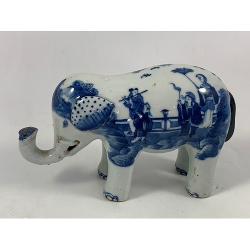 1769 - 4 ORIENTAL BLUE AND WHITE ELEPHANT FIGURES POSSIBLY 18TH OR EARLY 19TH CENTURY SOME AF, each approx.... 