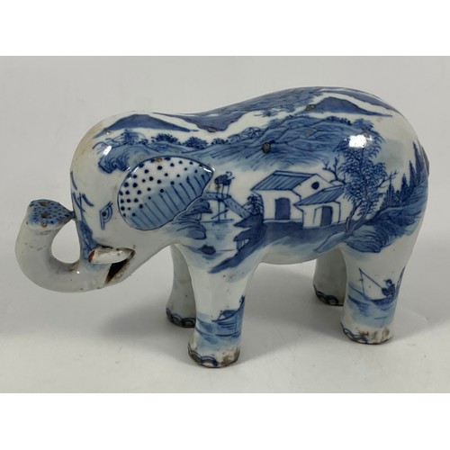 1769 - 4 ORIENTAL BLUE AND WHITE ELEPHANT FIGURES POSSIBLY 18TH OR EARLY 19TH CENTURY SOME AF, each approx.... 