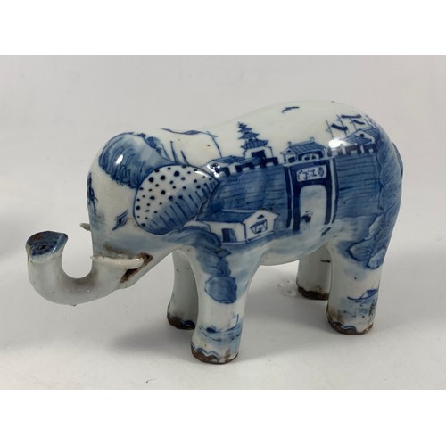 1769 - 4 ORIENTAL BLUE AND WHITE ELEPHANT FIGURES POSSIBLY 18TH OR EARLY 19TH CENTURY SOME AF, each approx.... 