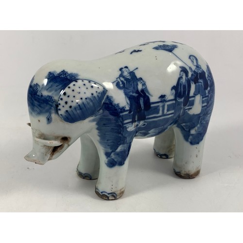 1769 - 4 ORIENTAL BLUE AND WHITE ELEPHANT FIGURES POSSIBLY 18TH OR EARLY 19TH CENTURY SOME AF, each approx.... 