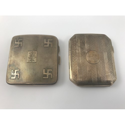 1931 - 2 SILVER CIGARETTE CASES, ONE WITH SWASTIKA DECORATION, THE OTHER WITH ENGINE TURNED DECORATION, APP... 