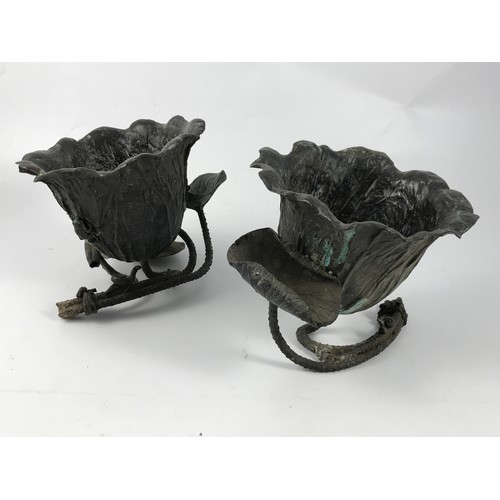 1823 - PR. UNUSUAL SPELTER (?) LILY FORM VASES WITH APPLIED FROG AND SNAIL DECORATION, APPROX. 20 CM H.