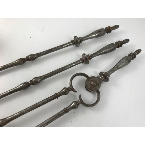 815 - MISC. FIRE IRONS AND A BRASS PLANTER WITH CLAW FEET AND LION MASK HANDLES