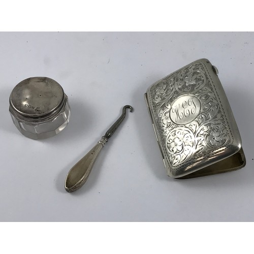 1922 - SILVER CIGARETTE CASE SILVER HANDLED BUTTON HOOK AND A JAR WITH SILVER TOP