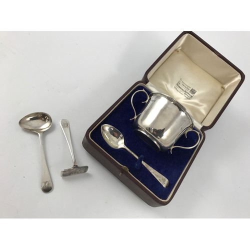 1929 - CASED SILVER CUP AND SPOON TOGETHER WITH PLATED SPOON AND PUSHER