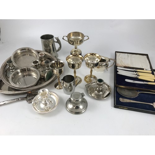 1877 - SILVER TROPHY, PR. DWARF SILVER CANDLESTICKS AND OTHER TROPHIES AND MISC PLATED WARE