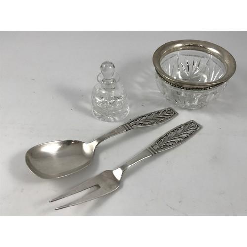 1854 - PAIR OF DANISH SILVER SERVERS BY PF MARKED 58, A CUT GLASS BOWL WITH DANISH SILVER COLLAR AND A CUT ... 