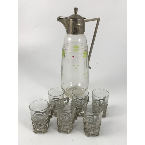 1866 - ART NOUVEAU LIQUEUR JUG AND 6 ETCHED GLASSES IN METAL GLASS HOLDERS