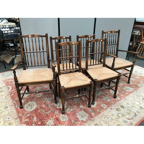 434 - SET OF 6 (4 PLUS 2 CARVERS) SPINDLE BACK RUSH SEAT DINING CHAIRS