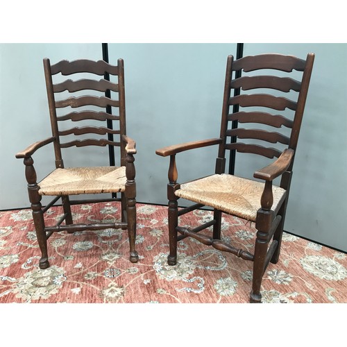 438 - SET OF 3 RUSH SEAT CHAIRS TOGETHER WITH 2 RUSH SEATED LADDER BACK CARVERS