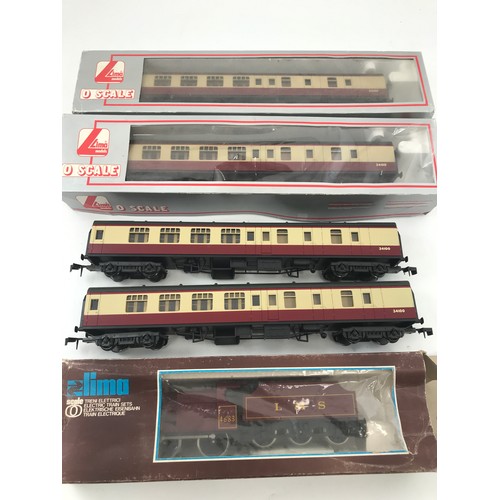 659 - LIMA O GAUGE BOXED LMS 4F 4683 LOCOMOTIVE, 2 BOXED MARK 1 COACHES 34100- BRAKE PLUS 2 U/B BSK COACHE... 