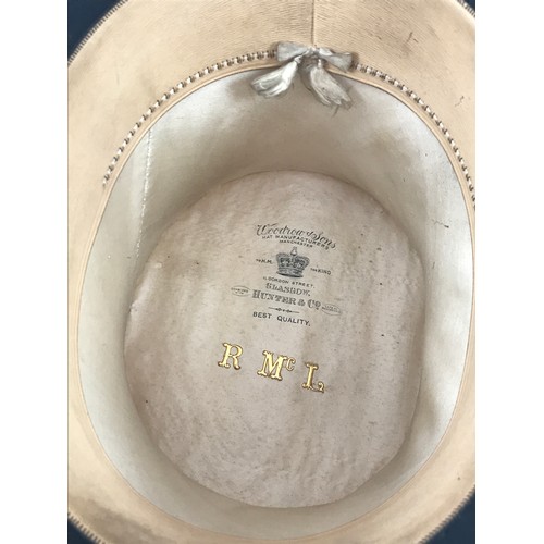 1790 - SILK TOP HAT, WOODROW & SONS, APPROX. SIZES F-R 20.5 cm, WIDTH 16.5 cm, TOGETHER WITH A MORTAR BOARD... 