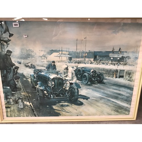 101 - A FRAMED PRINT BY TERRANCE CUNEO -  AUGUST 68 -OF A BENTLEY 
T/W  A MICHEAL TURNER PRINT OF JAGUAR D... 