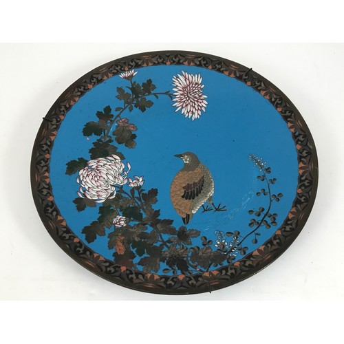 708 - CLOISONNE PLATE DECORATED WITH CHRYSANTHEMUM  AND PARTRIDGE, APPROX. 30 cm DIA.