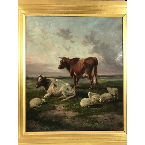 1500 - AFTER THOMAS SIDNEY COOPER RA, OIL ON CANVAS DEPICTING HIGHLAND CATTLE AND SHEEP IN A LANDSCAPE SCEN... 