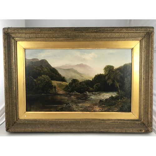 1502 - 19TH CENTURY, BRITISH SCHOOL, OIL ON CANVAS 'CADER IDRIS FROM RIVER MODWY' WITH FISHERMAN, TITLED VE... 