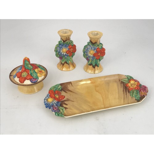 1748 - CLARICE CLIFF ‘MY GARDEN’ PR. CANDLESTICKS AF, DISH AND COVER AND RECTANGULAR TRAY