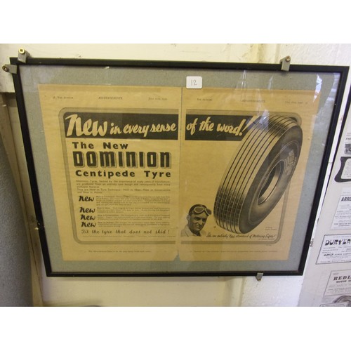 12 - FRAMED PAPER ADVERTISING SIGN REPRODUCTION OF PALMERS TYRES TOGETHER WITH A FRAME OF VARIOUS TYRE AD... 