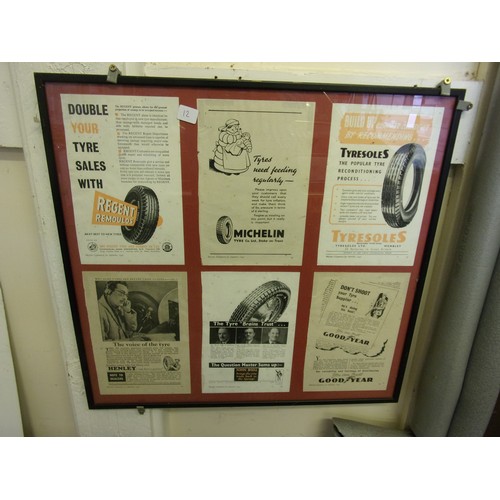 12 - FRAMED PAPER ADVERTISING SIGN REPRODUCTION OF PALMERS TYRES TOGETHER WITH A FRAME OF VARIOUS TYRE AD... 