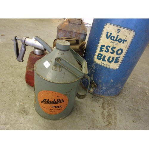 16 - LARGE VALOR DRUM ESSO BLUE PARAFFIN WITH TAP AND FILLER TOGETHER WITH A ALADDIN PINK PARAFFIN CAN GR... 