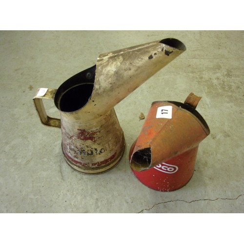 17 - 2 OIL POURING CANS 1 CONOCO RED AND A MOBILE OIL WITH THE PEGASUS WINGED HORSE IN USED CONDITION ESS... 