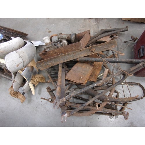 37 - COLLECTION OF VARIOUS MOTORCYCLE  FRAMES, CHASSIS PARTS, TWO LONG EXHAUST PIPES, MUD GUARDS