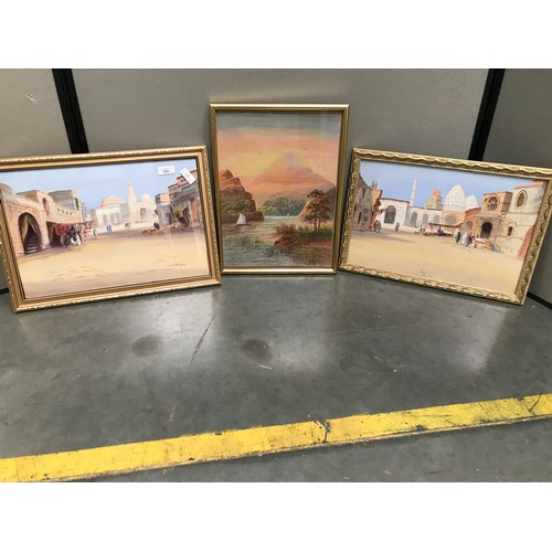 566 - 3 FRAMED WATERCOLOURS, 2 OF AN ARABIAN SETTLEMENT  OF CENTA SIG EUGENE CANS, T/W A J D MORRIS LAKE &... 