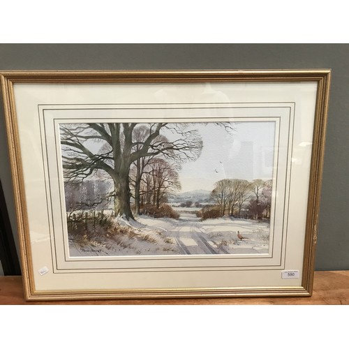 590 - WATERCOLOUR DEPICTING A WINTER SCENE WITH PHEASANT LEWIS HOWE-BENNETT (1936)