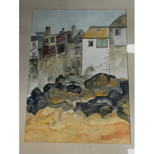 595 - PAM PHILLIPS MULTI MEDIA DEPICTING OLD HOUSES ON THE ROCKS ST IVES