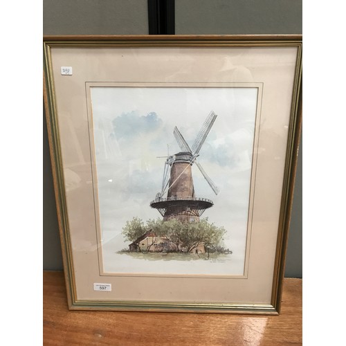 597 - BOB PESTMAN WATERCOLOUR DEPICTING A WINDMILL